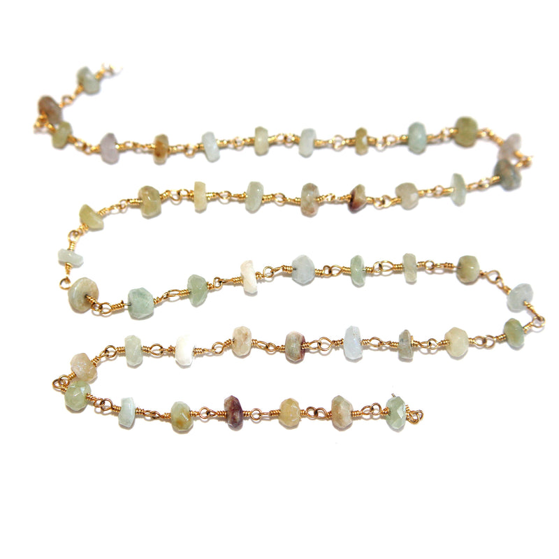 Aquamarine beaded chain, gold plated, faceted beads, jewelry making supplies