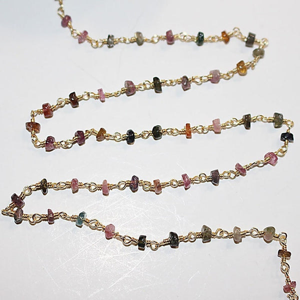 Multi-color tourmaline natural gemstone beads, 3mm faceted bead chains, handmade cluster rosary bead chain, 24k gold plated over silver wire-wrapped chains by the foot. Women jewelry making necklaces, earrings, anklets, and bracelets chains.