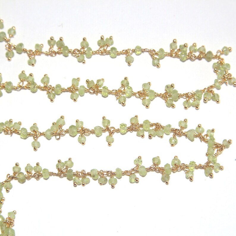 peridot natural semi-precious gemstone beads 24k gold plated over silver rosary chain for a necklace, earrings, anklet, and bracelet making.