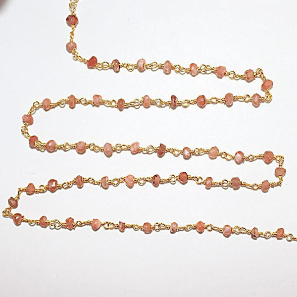 peach moonstone natural semi-precious gemstone beads 24k gold plated over silver rosary chain for a necklace, earrings, anklet, and bracelet making.