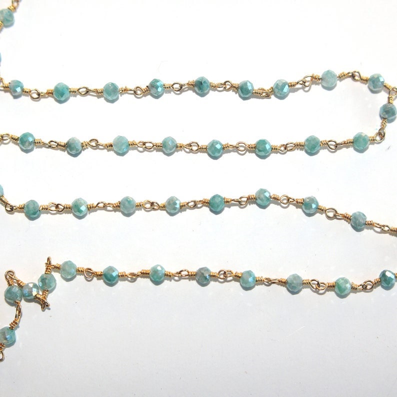 silverite green emerald natural semi-precious gemstone beads 24k gold plated over silver rosary chain for a necklace, earrings, anklet, and bracelet making.