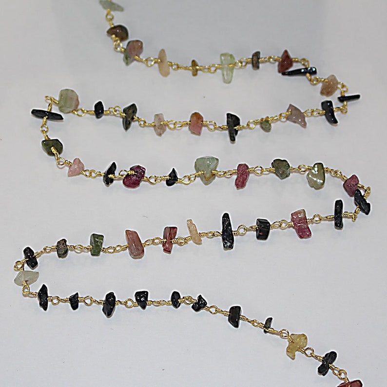 multi tourmaline chips semi-precious gemstone beads 24k gold plated over silver rosary chain for a necklace, earrings, anklet, and bracelet making.