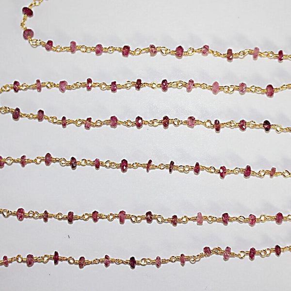 pink tourmaline natural semi-precious gemstone beads 24k gold plated over silver rosary chain for a necklace, earrings, anklet, and bracelet making.