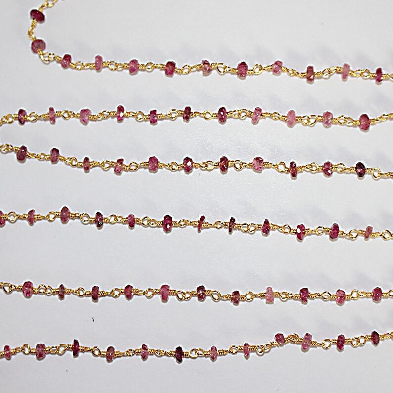 pink tourmaline natural semi-precious gemstone beads 24k gold plated over silver rosary chain for a necklace, earrings, anklet, and bracelet making.