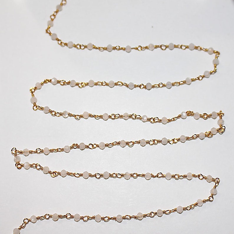 white moonstone natural semi-precious gemstone beads 24k gold plated over silver rosary chain for a necklace, earrings, anklet, and bracelet making.