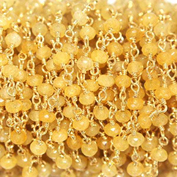 yellow sapphire natural semi-precious gemstone beads 24k gold plated over silver rosary chain for a necklace, earrings, anklet, and bracelet making.