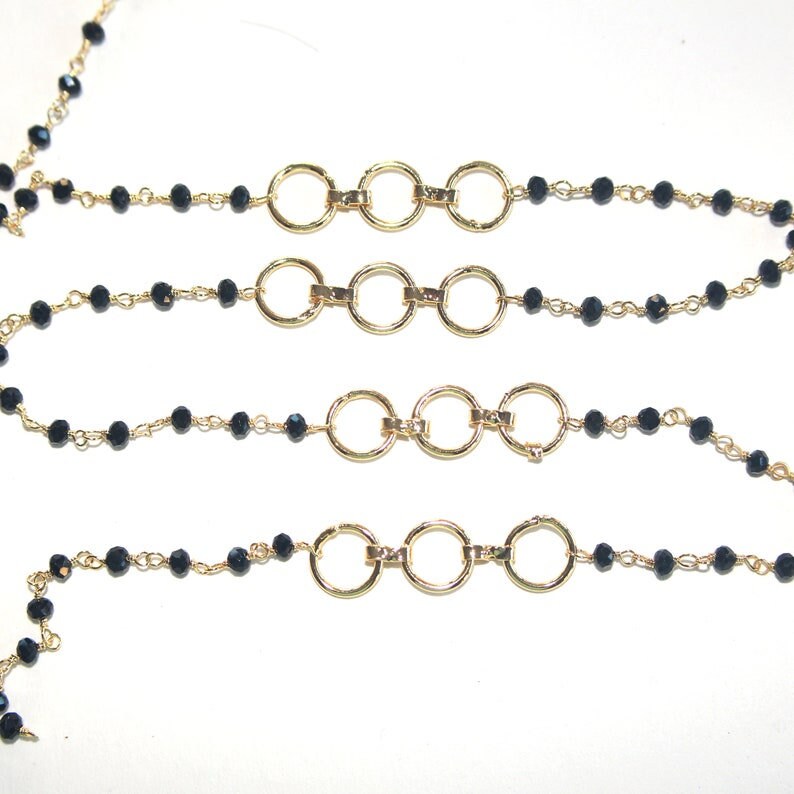 black spinel gemstone bead chain 24k gold plated over silver, women jewelry making necklaces, earrings, and bracelets bead chain.