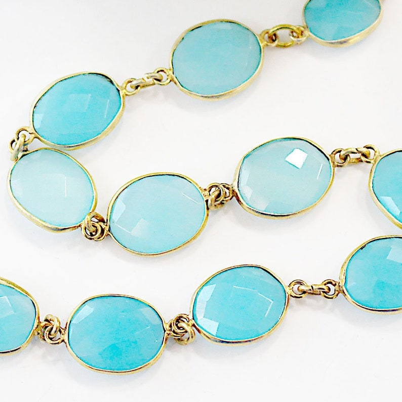 blue peruvian chalcedony bezel semi-precious gemstone beads 24k gold plated over silver rosary chain for a necklace, earrings, anklet, and bracelet making.