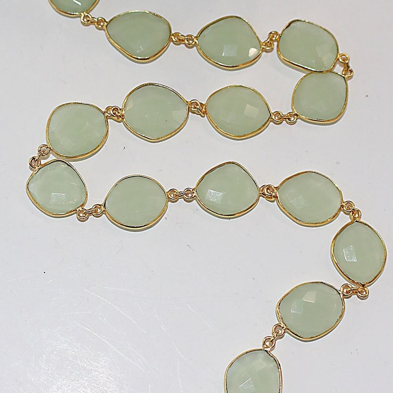 green chalcedony bezel semi-precious gemstone beads 24k gold plated over silver rosary chain for a necklace, earrings, anklet, and bracelet making.