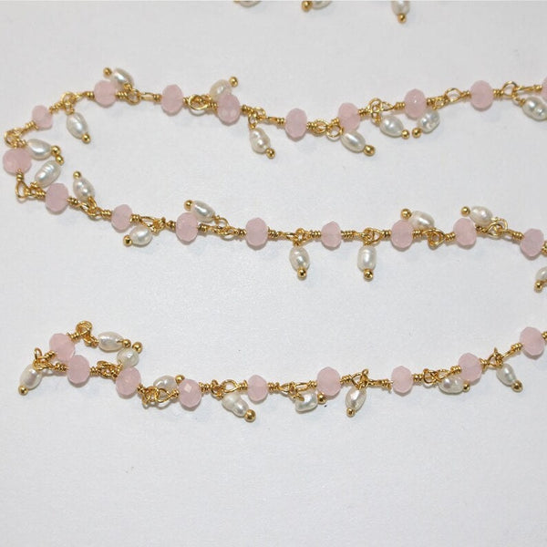 Pink Chalcedony quartz gemstone bead chain 24k gold plated over silver, women jewelry making necklaces, earrings, and bracelets bead chain.