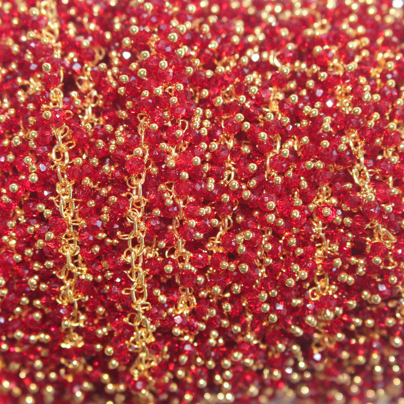 ruby quartz semi-precious gemstone beads 24k gold plated over silver rosary chain for a necklace, earrings, anklet, and bracelet making.