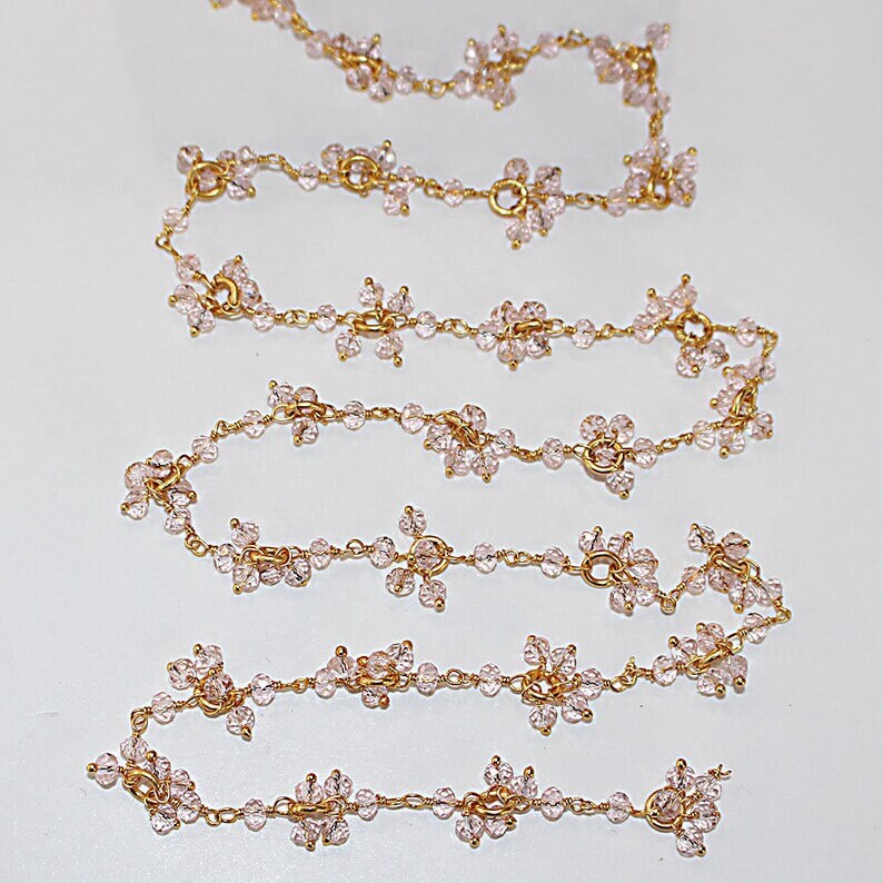 rose quartz gemstone bead chain 24k gold plated over silver, women jewelry making necklaces, earrings, and bracelets bead chain.
