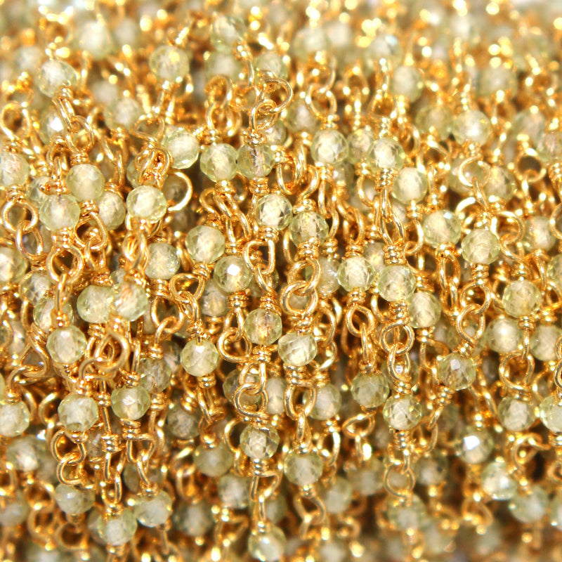 peridot natural semi-precious gemstone beads 24k gold plated over silver rosary chain for a necklace, earrings, anklet, and bracelet making.