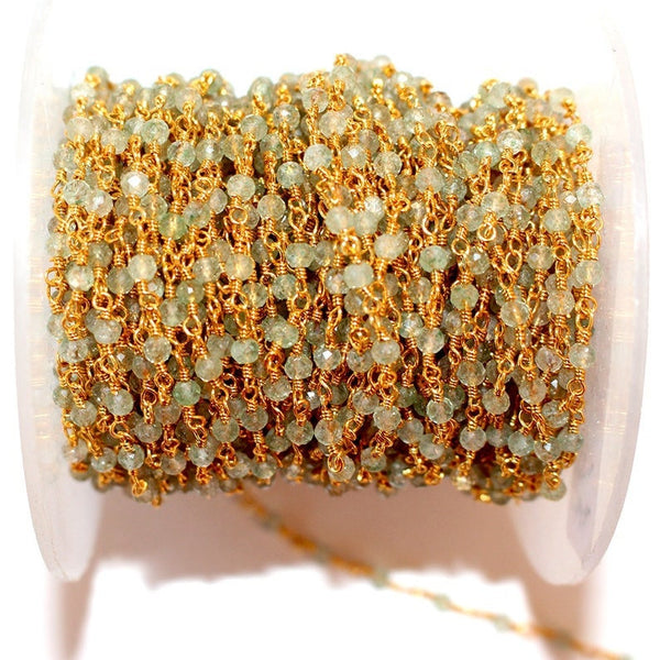 prehnite natural semi-precious gemstone beads 24k gold plated over silver rosary chain for a necklace, earrings, anklet, and bracelet making.