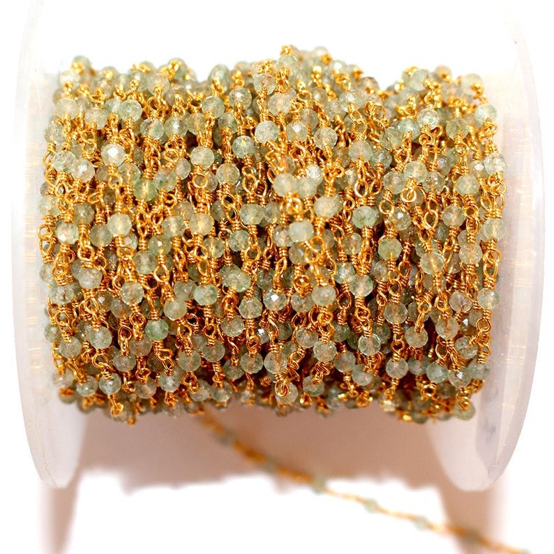 prehnite natural semi-precious gemstone beads 24k gold plated over silver rosary chain for a necklace, earrings, anklet, and bracelet making.