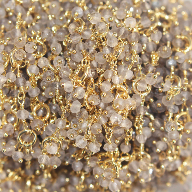 smoky semi-precious gemstone beads 24k gold plated over silver rosary chain for a necklace, earrings, anklet, and bracelet making.