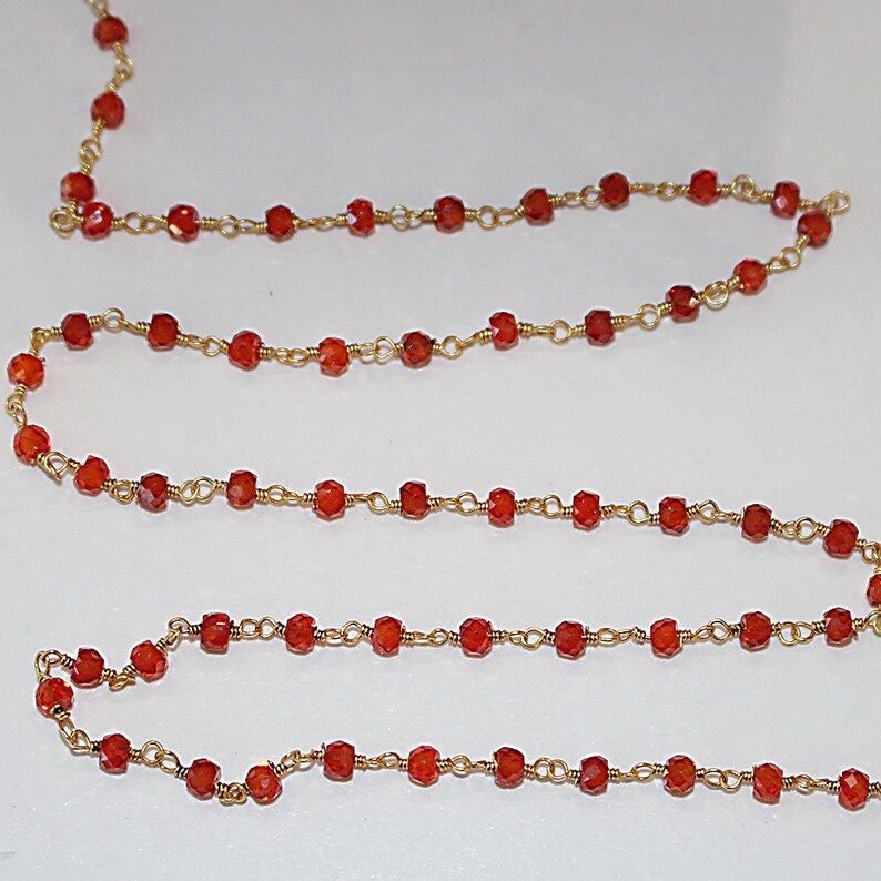 zircon orange natural semi-precious gemstone beads 24k gold plated over silver rosary chain for a necklace, earrings, anklet, and bracelet making.
