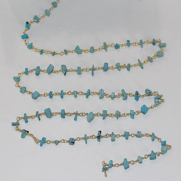 turquoise chips semi-precious gemstone beads 24k gold plated over silver rosary chain for a necklace, earrings, anklet, and bracelet making.