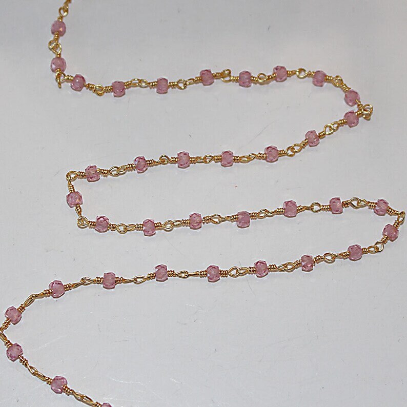 zircon pink natural semi-precious gemstone beads 24k gold plated over silver rosary chain for a necklace, earrings, anklet, and bracelet making.