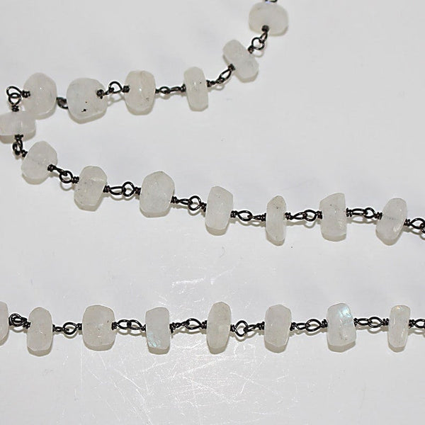 rainbow moonstone semi-precious gemstone beads black oxidized antique rosary chain for a necklace, earrings, anklet, and bracelet making.