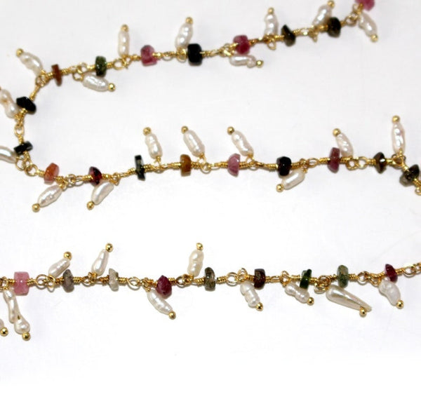 multi tourmaline natural semi-precious gemstone beads 24k gold plated over silver rosary chain for a necklace, earrings, anklet, and bracelet making.