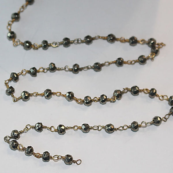 Pyrite natural semi-precious gemstone beads 24k gold plated over silver rosary chain for a necklace, earrings, anklet, and bracelet making.