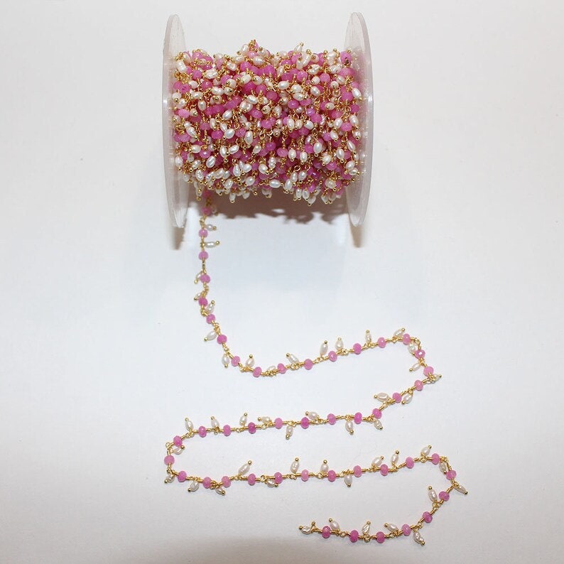 Fuschia Pink Chalcedony natural semi-precious gemstone beads 24k gold plated over silver rosary chain for a necklace, earrings, anklet, and bracelet making.