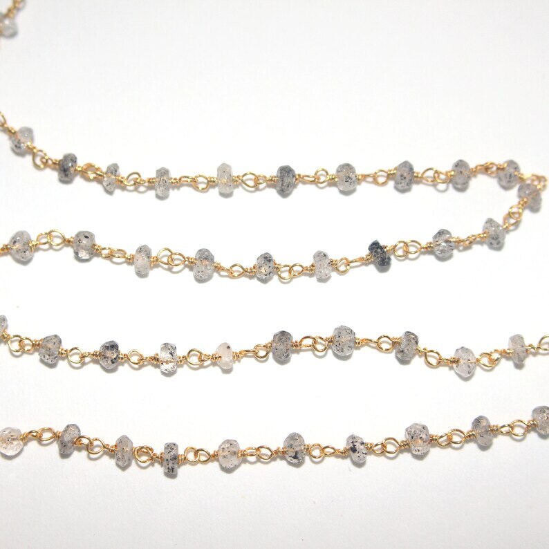 golden rutilated natural semi-precious gemstone beads 24k gold plated over silver rosary chain for a necklace, earrings, anklet, and bracelet making.