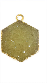 Yellow druzy natural bezel charms pendants, 12mm hexagon-shaped 24k gold electroplated women jewelry-making earrings, bracelets, necklaces, and DIY crafts.