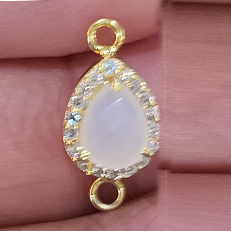 Pearl Chalcedony Natural Semi Precious Gemstone Pear Briolette 8X10 MM Connectors With Setted CZ Pave 24K Gold Plated Over Silver Bezel