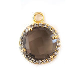 Smoky Quartz Coin Connector, CZ Pave, 24K Gold Plated Charm, 8mm