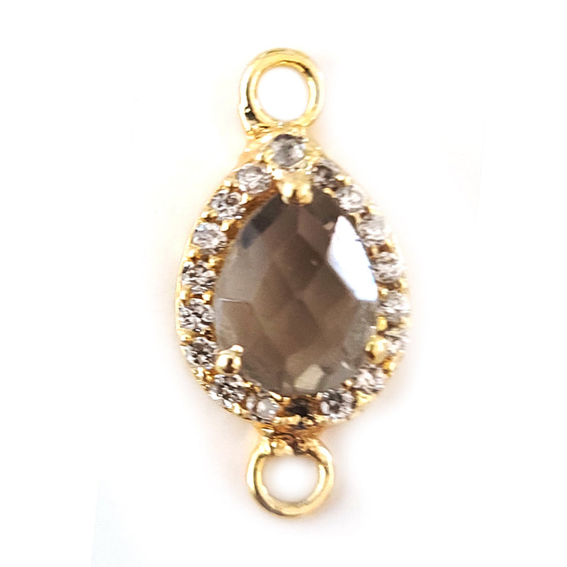 Smoky Quartz Pear Briolette Connector, CZ Pave, 24K Gold Plated, 8x10mm