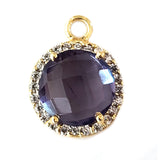 Amethyst Quartz Coin Briolette, 24K Gold Plated CZ Bezel Charm, 8mm