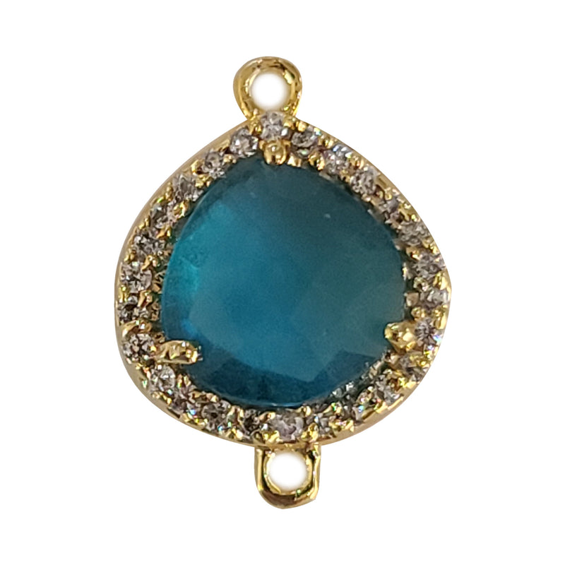Blue Topaz Quartz Hydro Gemstone Heart Briolette 12 MM Connectors With Setted CZ Pave 24K Gold Plated Over Silver Bezel Charms Jewelry