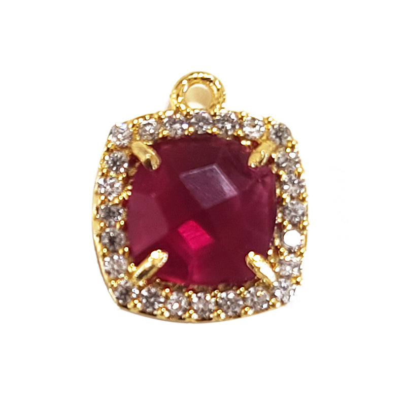 Ruby Quartz Quartz Hydro Gemstone Square Briolette 12 MM Connectors With Setted CZ Pave 24K Gold Plated Over Silver Bezel Charms Jewelry