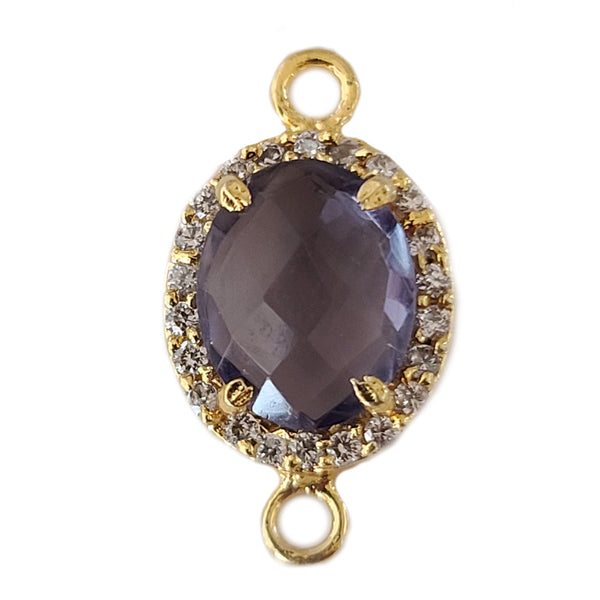 24K Gold Plated Amethyst Quartz Connector, CZ Pave Charm (8x10mm)