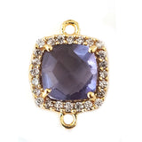 Amethyst Quartz Hydro Gemstone Square Briolette Connector, CZ Pave, Gold Plated, 12MM