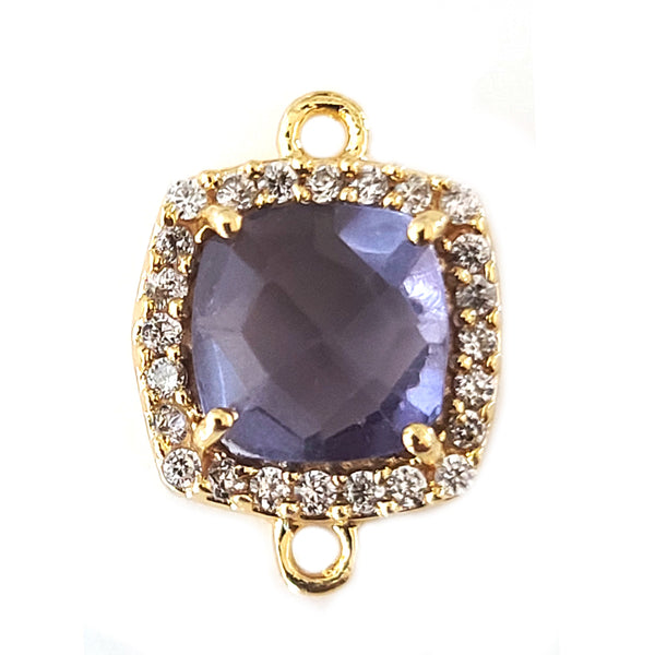 Amethyst Quartz Hydro Gemstone Square Briolette Connector, CZ Pave, Gold Plated, 12MM