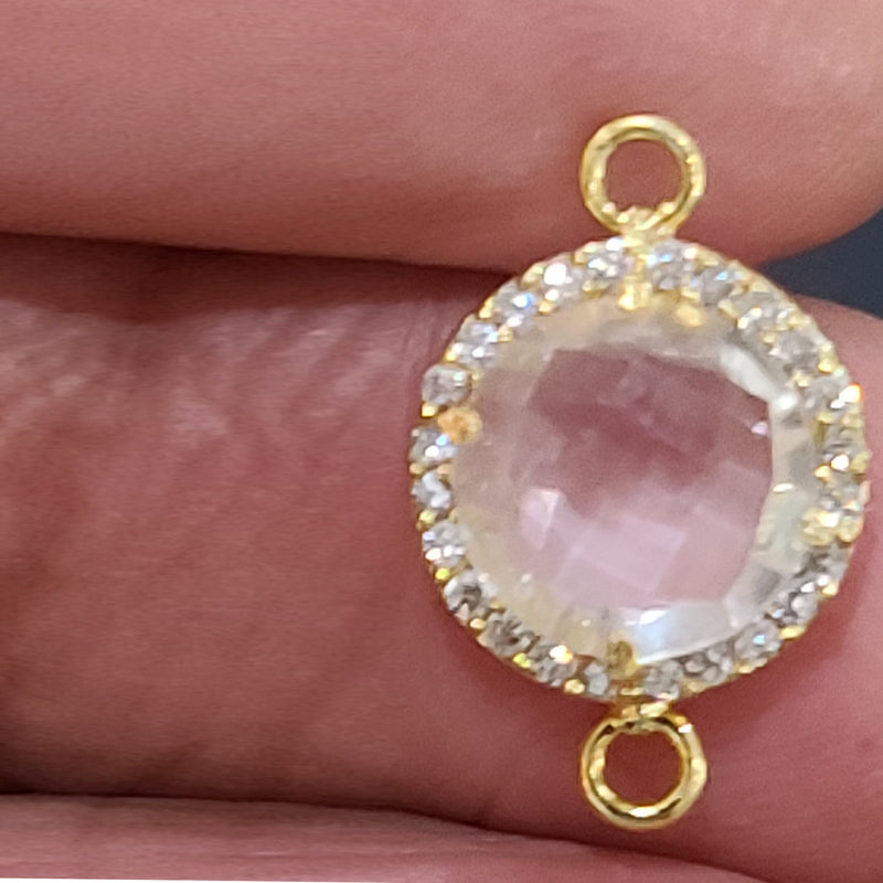 Clear Quartz Quartz Hydro Gemstone Coin Briolette 11 MM Connectors With Setted CZ Pave 24K Gold Plated Over Silver Bezel Charms Jewelry