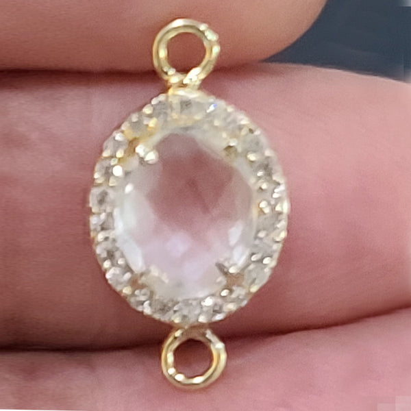 Clear Quartz Briolette Connector: 24K Gold Plated, CZ Pave (12x15 MM)