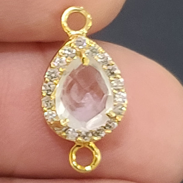 Clear Quartz Quartz Hydro Gemstone Pear Briolette 8X10 MM Connectors With Setted CZ Pave 24K Gold Plated Over Silver Bezel Charms Jewelry