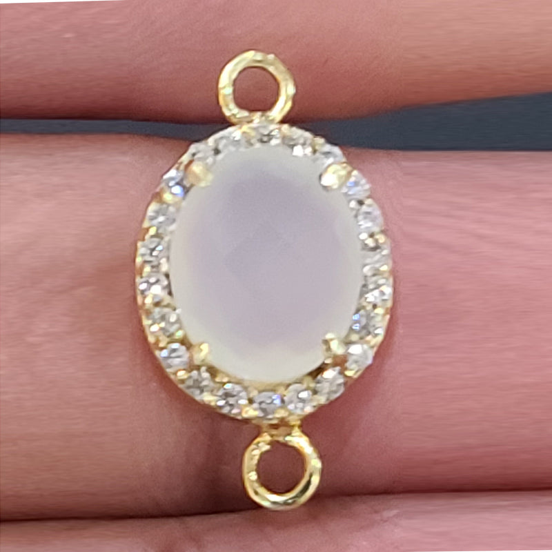 Pearl Chalcedony Gemstone Connector, CZ Pave, 24K Gold Plated (12x15 MM)