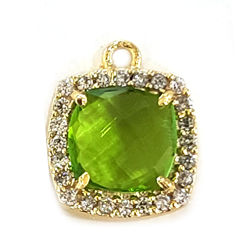 Peridot Quartz Cushion Charm, 24K Gold Plated CZ Bezel (12mm)