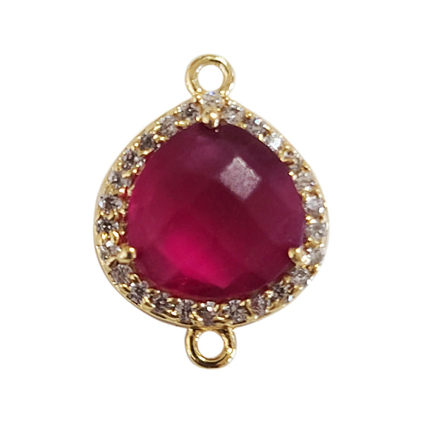 Ruby Quartz Heart Briolette Connector, CZ Pave, 24K Gold Plated, 12mm