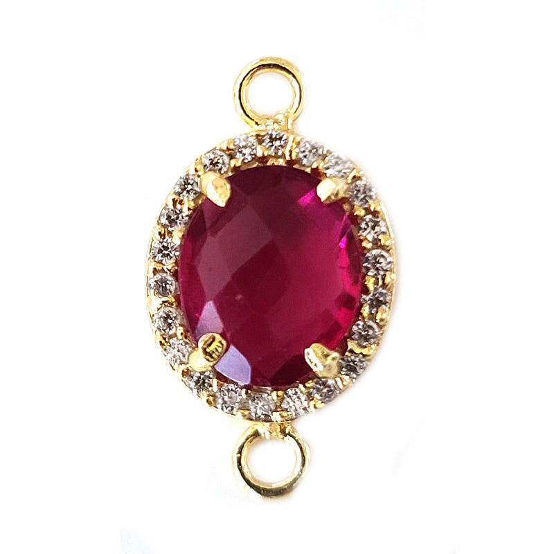 24K Gold Plated Ruby Quartz Connector, CZ Pave Charm (12x15 MM)