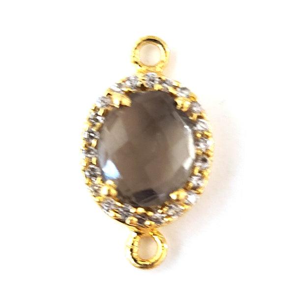 Smoky Quartz Gemstone Oval Briolette 8X10 MM Connectors With Setted CZ Pave 24K Gold Plated Over Silver Bezel Charms Women Jewelry Making