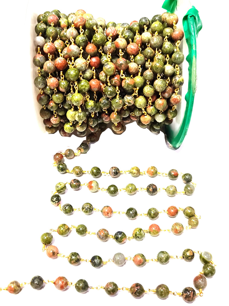 unakite semi-precious gemstone beads black oxidized antique rosary chain for a necklace, earrings, anklet, and bracelet making.