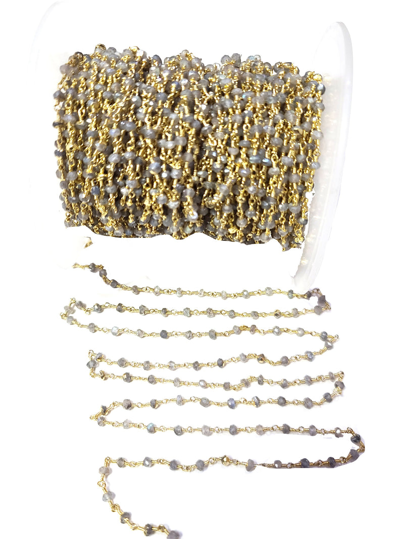 labradorite gold coated semi-precious gemstone beads black oxidized antique rosary chain for a necklace, earrings, anklet, and bracelet making.