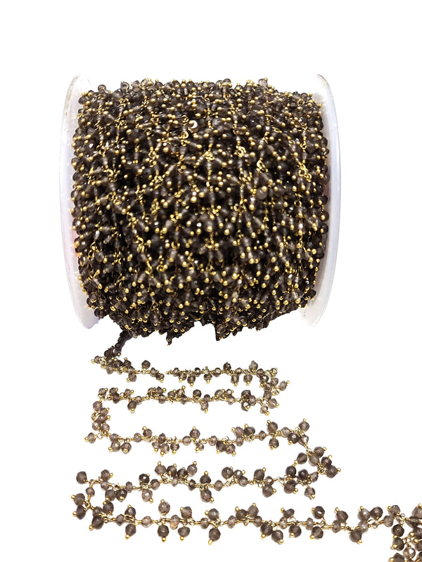 dark smoky natural semi-precious gemstone beads 24k gold plated over silver rosary chain for a necklace, earrings, anklet, and bracelet making.