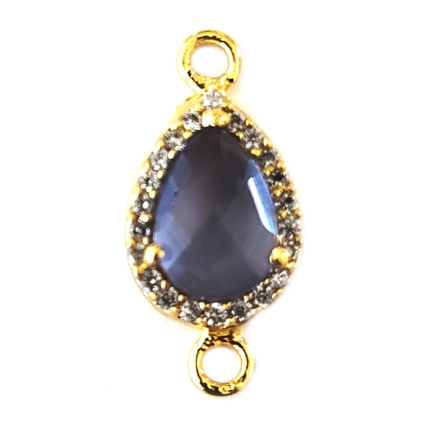 Amethyst Quartz Pear Briolette Connector, CZ Pave, 24K Gold Plated, 8x10 MM